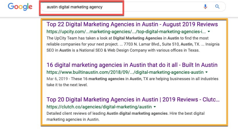 austin digital marketing agency search results