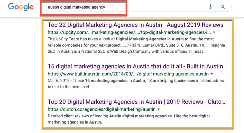 austin digital marketing agency search results