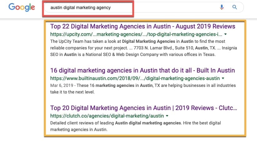 austin digital marketing agency search results